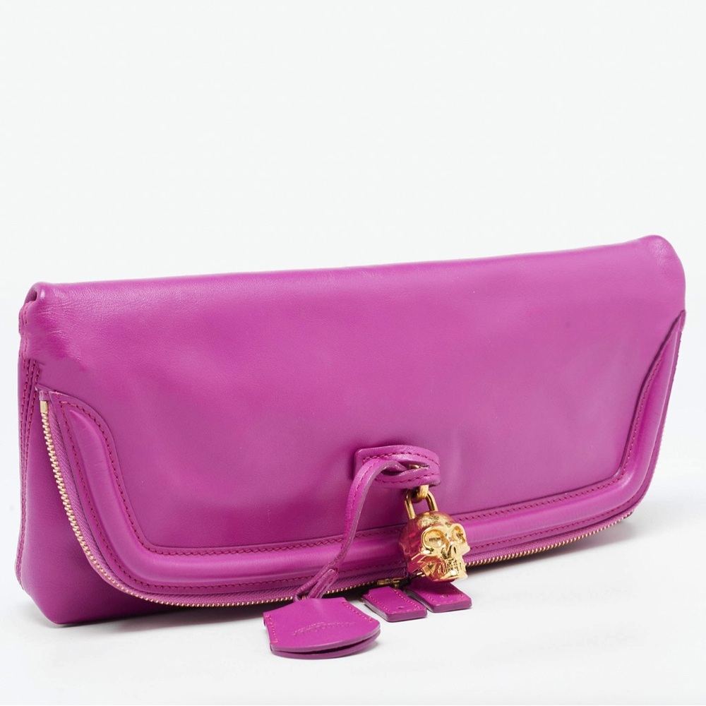 Alexander McQueen Fucshia Leather Skull Padlock Fold Over Clutch
